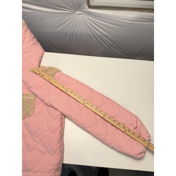 For Love And Lemons Jacket Pink Heart Puffer Coat Hooded Sherpa Trim Zip Up Sz M - Picture 12 of 12